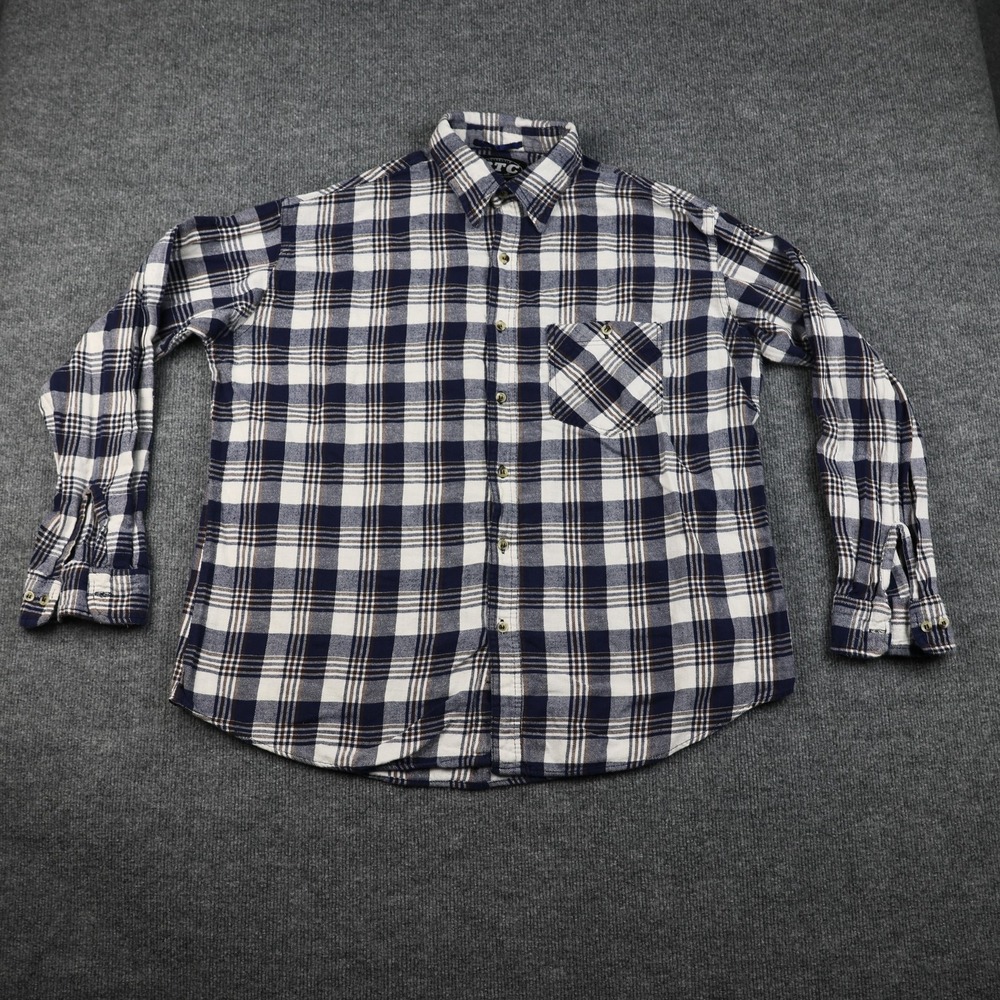 BTC Bay Trading Co Shirt Mens XL Blue White Plaid Flannel Button Down Casual